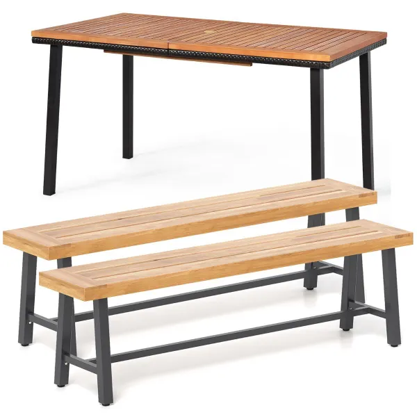 Set Tavolo e Panca da Giardino in Acacia con Struttura in Acciaio e Foro per Ombrellone