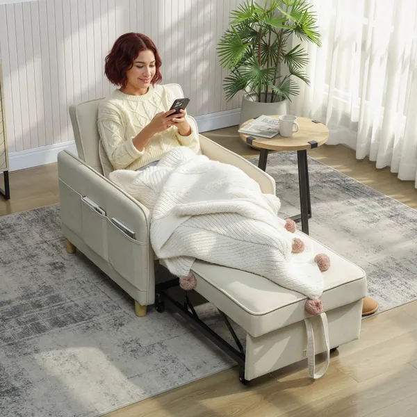 Poltrona Cama de 1 Lugar 3 em 1 Poltrona Cama Dobrável Estofado em Veludo Ecológico com Encosto Ajustável 3 Níveis 6 Bolsos Laterais e Almofada para Quarto Sala 74x85,5x82 cm Bege