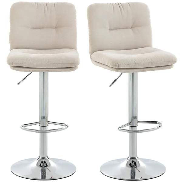 Conjunto de 2 Bancos de Bar Giratórios Bancos Altos de Cozinha Estofados em Linho com Altura Ajustável 64-86 cm Encosto Apoio para Pés Assento Almofadado e Base de Aço Bege