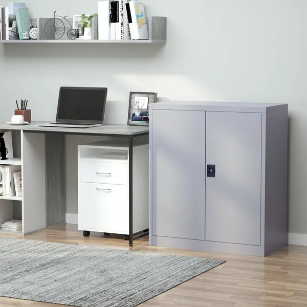 Armário de Escritório Metálico Arquivador de Escritório com 2 Portas Fechadura Prateleira Ajustável Armário Metálico para Sala de Estar Estúdio 80x40x92,5 cm Cinza