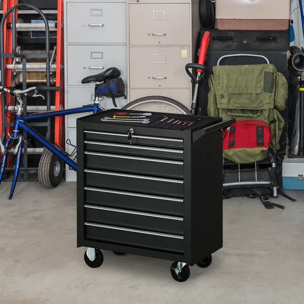 Carrinho de Ferramentas com 7 Gavetas Rodas Trava Armário de Armazenamento para Oficina de Garagem e Chapa de Aço 69x33x75 cm Preto