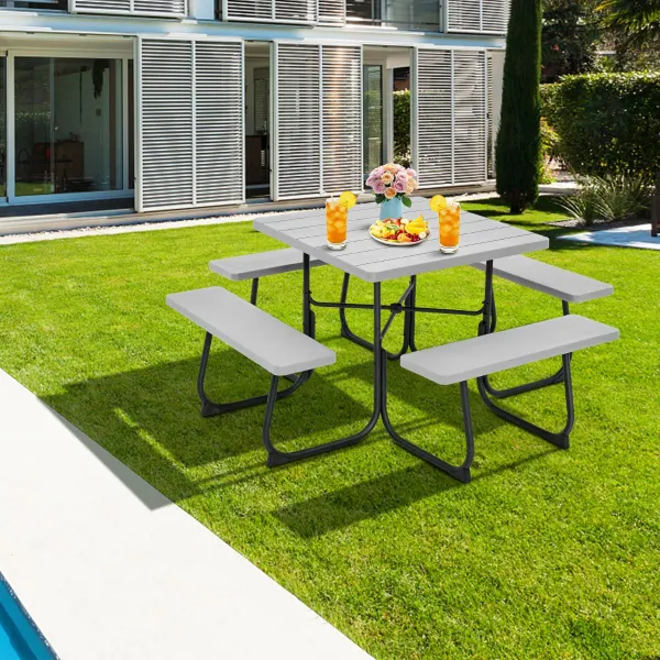 Set Tavolo Picnic Rotondo 8 Persone 4 Panche Foro Ombrellone Carico 225 kg