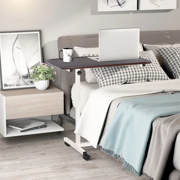 Mesa Auxiliar com Rodas Mesa para Sofá e Cama Altura Ajustável e Estrutura de Aço para Quarto Sala Escritório 77x40x76-100 cm Nogueira Escura