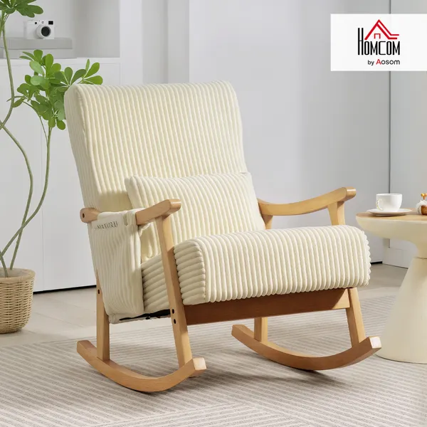 Cadeira de Baloiço, Cadeira de Veludo Cotelê com Almofada Lombar, Pés e Braços em Madeira, Assento Largo, Bolso Lateral, Estilo Moderno, Cadeira de Relaxamento, Suporta até 120 kg, para Quarto ou Sala, Bege
