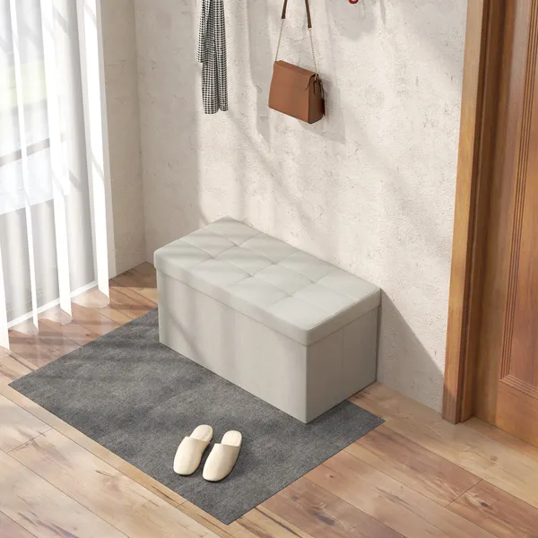 Banco com Armazenamento 84 L Banco de Arrumação Dobrável 76x38x38 cm Estofado em Linho Sintético Baú de Arrumação Capacidade 120 kg Banco para Sala de Estar Quarto Entrada Creme