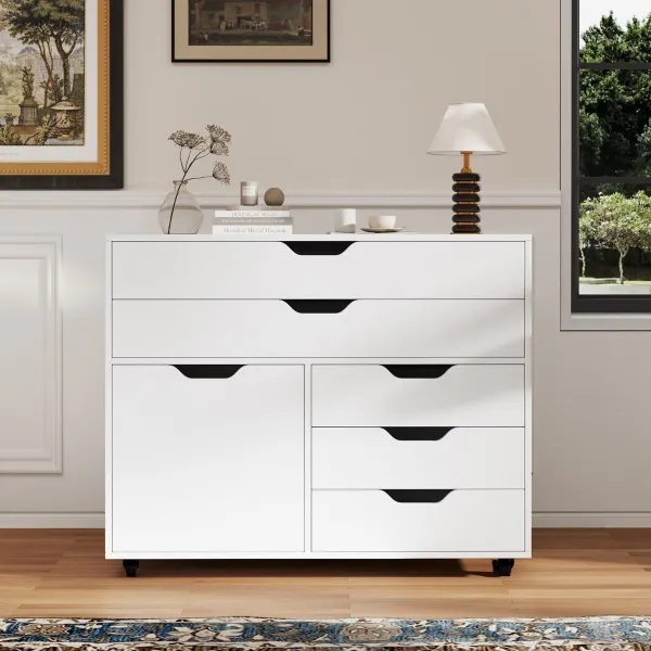Cómoda Móvel 5 Gavetas com Porta e 5 Rodas - Armário Arquivo Branco