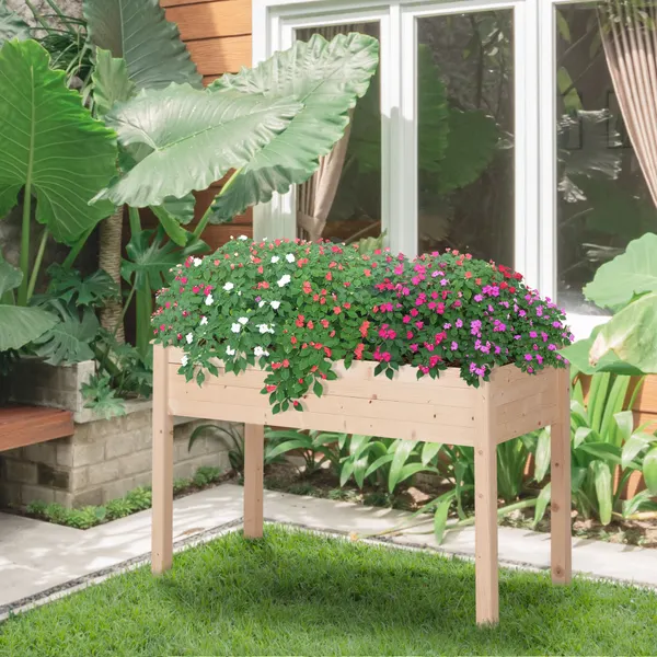 Horta Elevada de Madeira 122,5x56,5x76cm Mesa de cultivo con Tejido no Tejido y 4 Orificios de Drenaje para Cultivo de Plantas y Flores Madeira