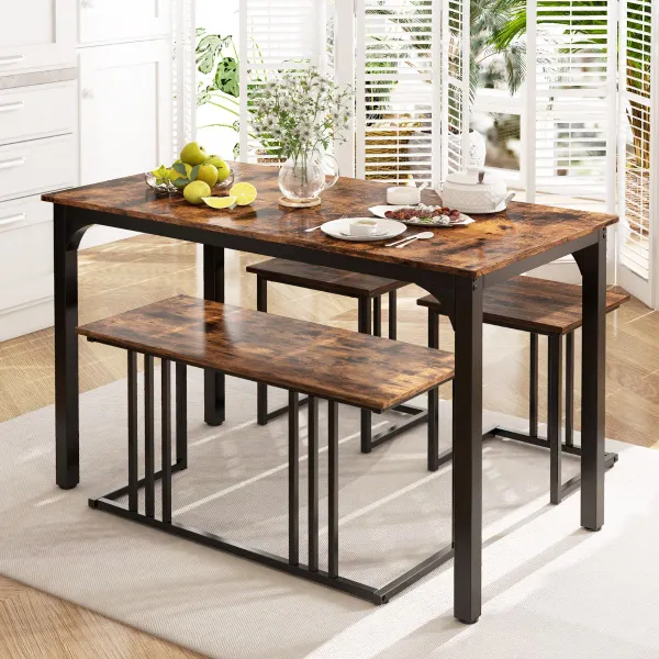 Set Tavolo Sala da Pranzo 4 Pezzi con Panca e 2 Sgabelli Struttura Metallo Stile Industriale