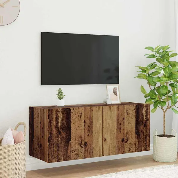 Armário de TV de Parede com LED Madeira Antiga 100 x 35 x 41 cm