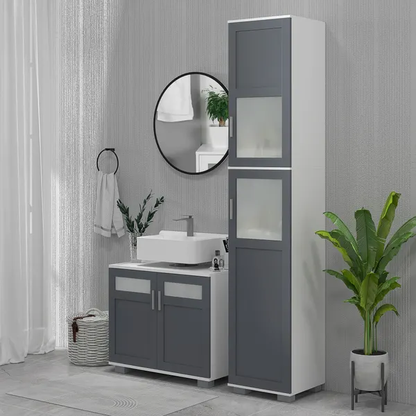 Móvil para Lavatorio Pousar Armário para Lavatorio Casa de Baño con 2 Puertas con vidrio Temperado y Estante Ajustable 69x35x59 cm Blanco y gris