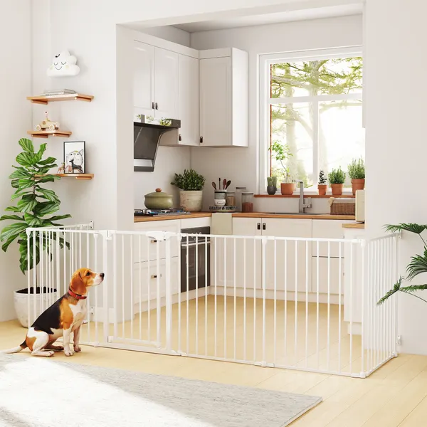 Parque para Cães Dobrável Barreira para Animais de Estimação com 6 Painéis Porta com Fecho Duplo Barreira de Segurança para Crianças Cães Pequenos e Médios para Escada Corredor Branco