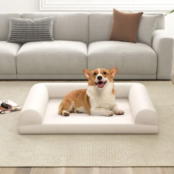 Cama Ortopédica para Perros Cesta con Almohada en 3 Lados Funda Extraíble 90x69x18 cm Bege