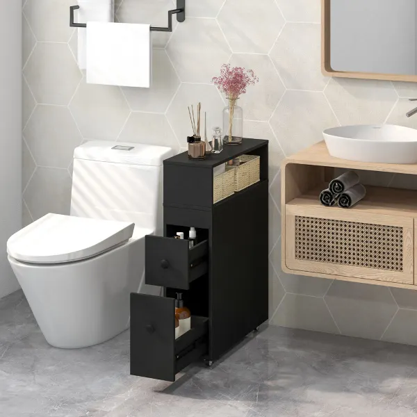 Meuble Étroit sur Roulettes pour Salle de Bain | Armoire avec Tiroirs et Paniers 50x19x72cm
