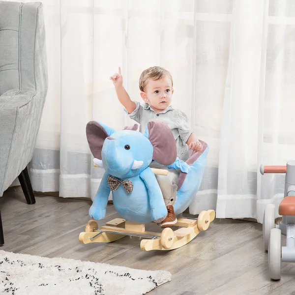 Cavalo Baloiço com Rodas e Forma de Elefante Cavalo Baloiço para Bebés acima de 18 Meses com Músicas Infantis e Cinto de Segurança Carga Máxima 60 kg 60x35x45 cm Azul