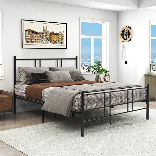 Cama Metálica com Cabeceiro e Estribo de Aço - Montagem Fácil Preto