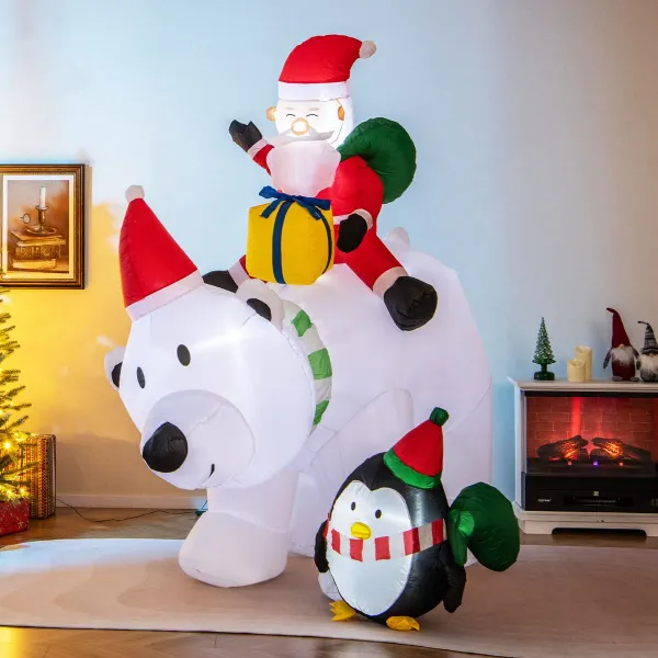Urso Polar Inflável 210 cm Pai Natal com Pinguim e Luzes LED