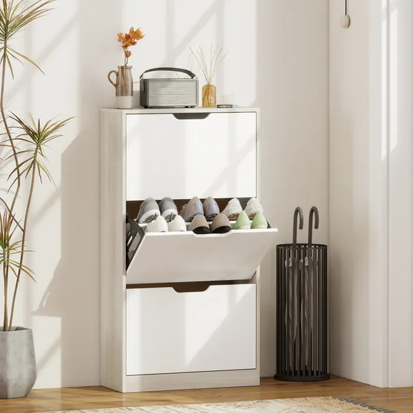 Sapateira de Madeira con 3 Compartimientos Abatibles y Prateleiras de almacenamiento con capacidad para 12 Pares de zapatos para Entrada Corredor Dormitorio 62,5x26x117,5 cm Blanco y Madeira