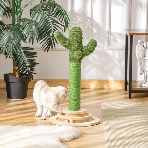 Poste Arranhador para gatos en forma de Cactus Pequeña Árbol Arranhadora para Gatos con Poste de Sisal y Pelúcia Bola Suspensa y Base con Brinquedo de Madeira 32x32x60cm Verde