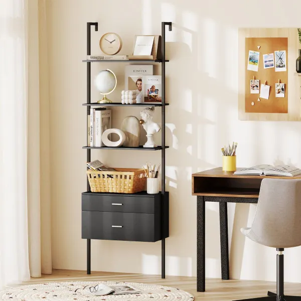 Libreria a Scala Murale con 2 Cassetti Struttura Metallica 60x30x184 cm
