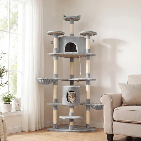 Árvore Arranhador para Gatos Grande 60x60x200cm com 2 Cavernas 2 Redes Cama Múltiplas Plataformas Postes Arranhadores de Sisal Natural e Bolas de Brinquedo Cinza