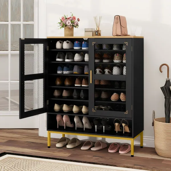 Armario para Zapatos 7 Niveles Puertas de Malla Zapatero Organizador Moderno Madera Estantes Ajustables Negro