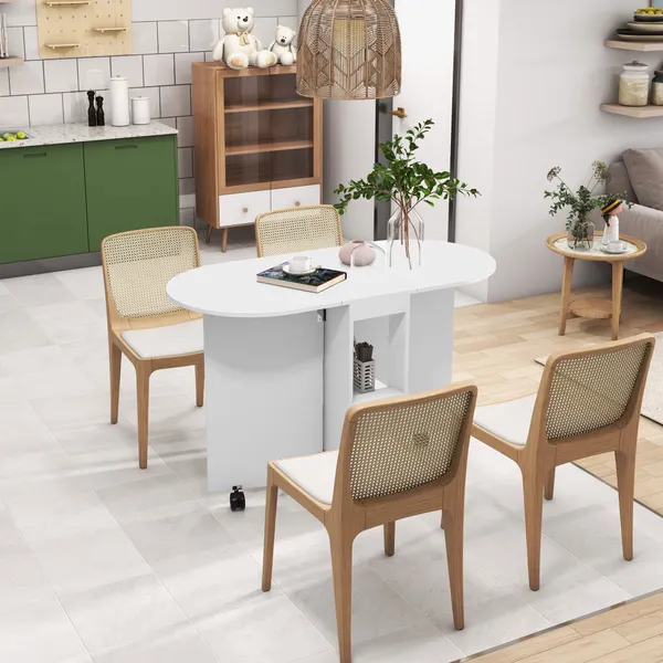 Mesa de Cozinha Dobrável com Rodas Mesa de Cozinha com Laterais Rebatíveis e 2 Prateleiras Abertas Estilo Moderno Carga 80 kg 120x60x77 cm Branco