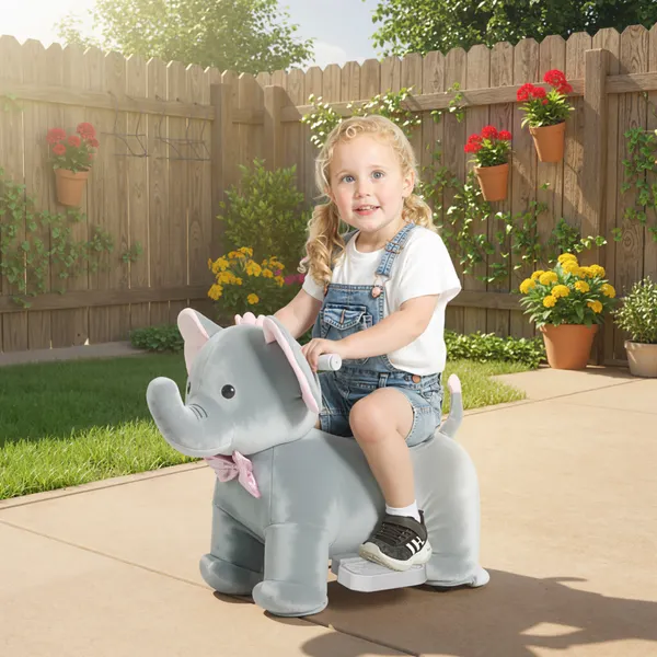 Elefante Elétrico com Música Bateria 6V Veículo de Brinquedo Elétrico Toque Suave Rodas Silenciosas de PU Pedal, Movimento para Frente Presente para Crianças de 1,5 a 5 Anos 74x34x51 cm Cinzento