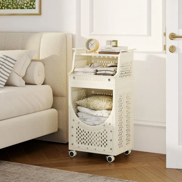 Carrello Bucato 3 Livelli Cesto Pieghevole con Ruote Bloccabili Beige