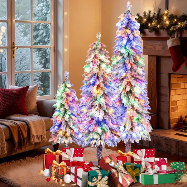 Conjunto de 3 Árvores de Natal Artificiais 90cm 120cm 150cm com 115+207+275 Ramos Nevados e Iluminação LED