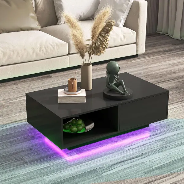 Table Basse LED Moderne Brillante avec Compartiment Ouvert et Tiroir