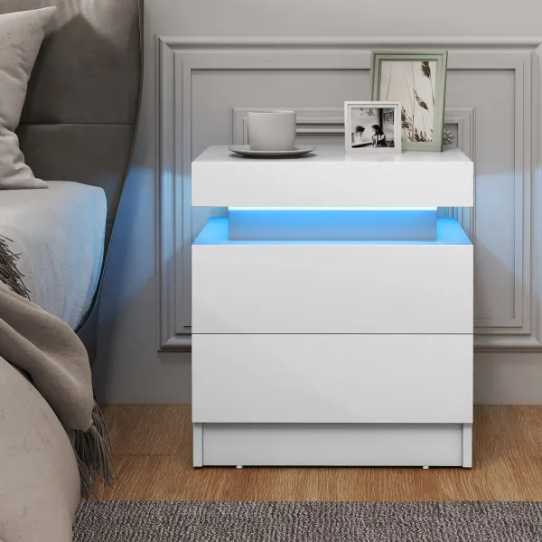 Mesitas de Cabeceira com Luzes LED RGB, 2 Gavetas e Acabado Mármore Branco