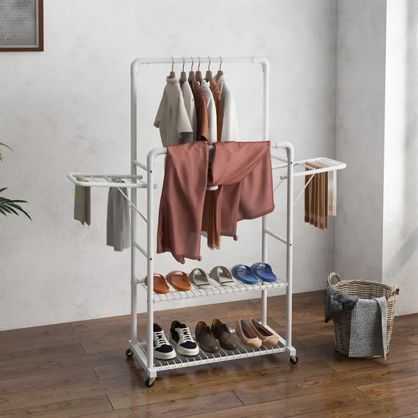 Charriot de Ropa con Rodas Charriot Verical de Acero con 2 Laterais 2 Trilhos y 2 Estantes de almacenamiento 153x43,7x171 cm Blanco