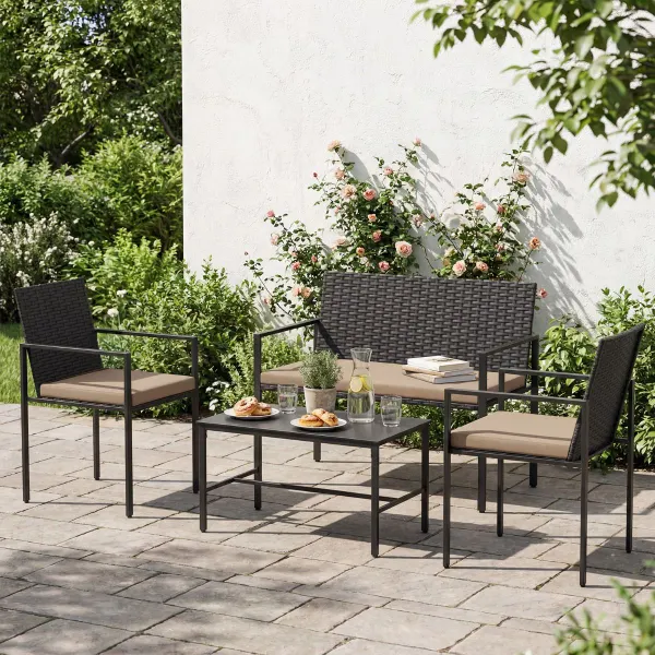 Ensemble Mobilier Terrasse 4 Pièces Rotin Extérieur Chaises Canapé Table Verre Teinté Coussins Kaki