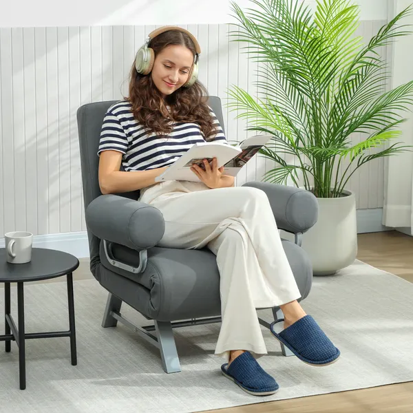 Sofá Cama de 1 Lugar 3 em 1 Sofá Cama Dobrável Estofado em Linho Sintético com Encosto Ajustável em 5 Níveis e Almofada Acolchoada para Escritório Quarto Sala de Estar 73x78x81 cm Cinzento Escuro