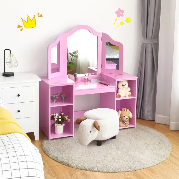 Penteadeira Princesa com Espelho 3 Painéis e 4 Prateleiras Grandes Rosa 107x40x117cm