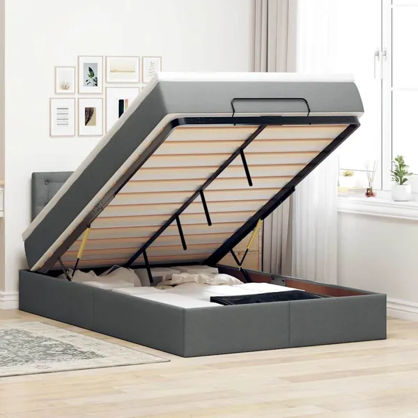 Cama otomana com colchão&LEDs 120x200 cm tecido cinzento escuro