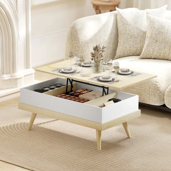 Mesa de Centro Elevatória Mesa de Centro Sala de Estar com 3 Compartimentos de Armazenamento Ocultos e Pés de Madeira para Escritório Dormitório 100x79x54 cm Madeira e Branco