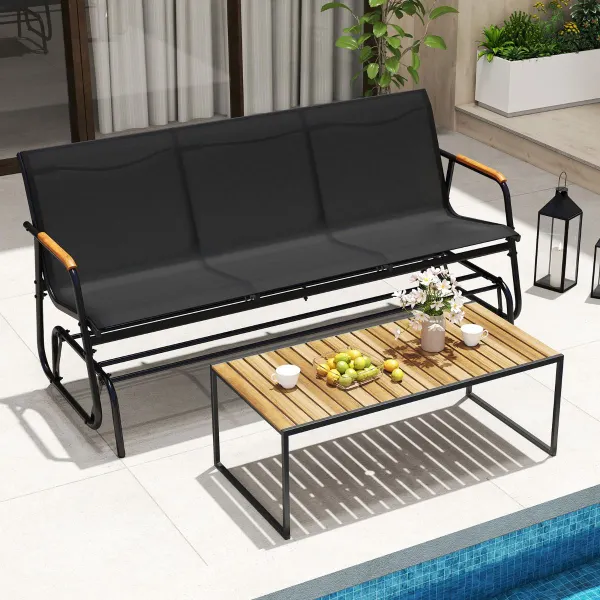 Banc Coulissant Bascule 2/3 Personnes Teck Tissu Respirant Métal Extérieur Piscine