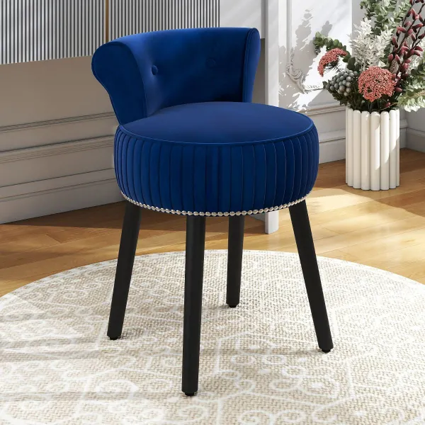 Cadeira de Penteadeira em Veludo Azul com Encosto Acolchado e Pernas de Madeira