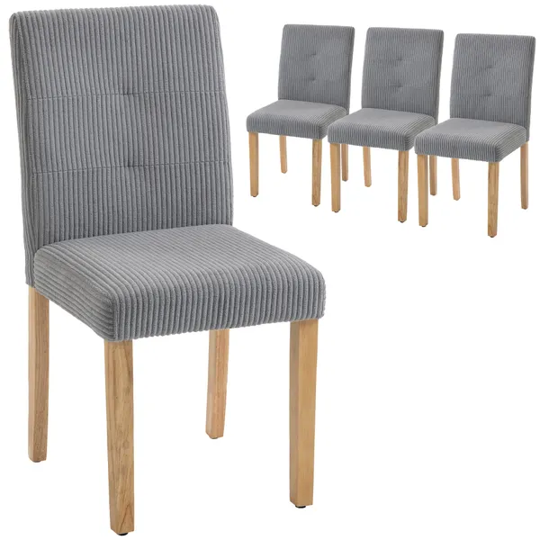Conjunto de 4 Cadeiras de Jantar Modernas Encosto Alto Estofadas em Tecido Canelado Tipo Veludo Assento Acolchoado Pernas de Madeira 44x56x90 cm Cinzento