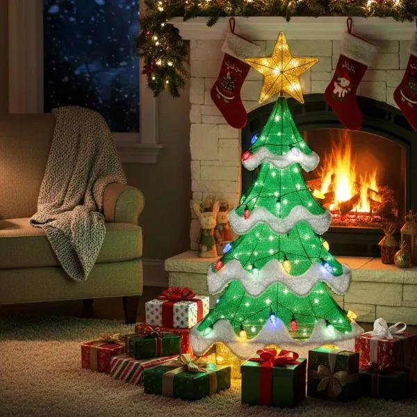 Albero di Natale Illuminato 130 cm Rete 3D Interno/Esterno Luci LED Verdi e Gialle