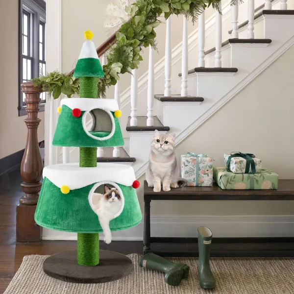 Tour pour Chats Design Sapin de Noël Vert avec 2 Condos et Poteaux à Griffer