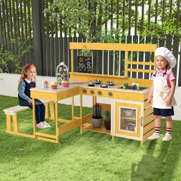 Cozinha de Barro Infantil 2 em 1 com Mesa de Piquenique Madeira Abeto Amarela