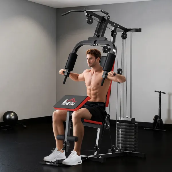 Multiestação de Musculação, Máquina com Prensa de Peito, Pesos de 65 kg, Curl de Pernas e Braços, Roldana, Carga Máxima 100 kg, para Treino em Casa, Preto