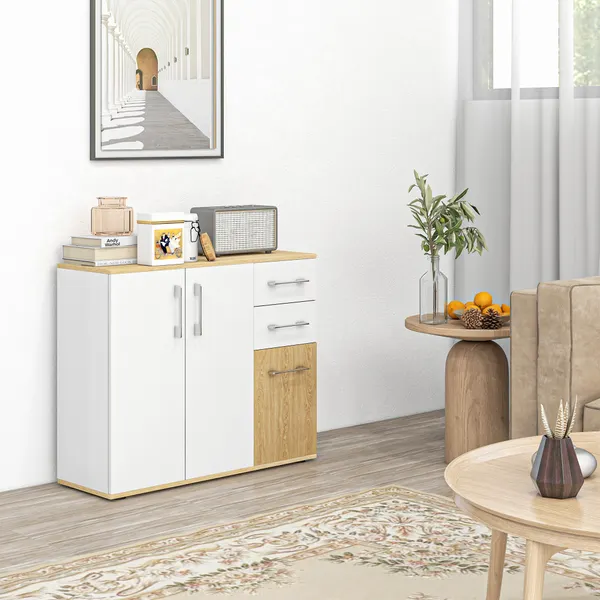 Aparador Sala de estar Moderno Aparador de Cocina con 2 Gavetas 2 Armarios y Prateleiras Ajustables para Dormitorio Sala de Cena Entrada 90x30x75,5 cm Blanco y Madeira