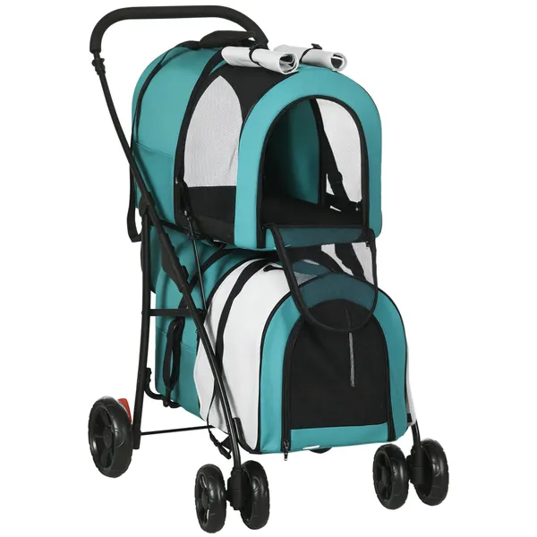 Carrinho Duplo para Cães Gatos Carrinho Dobrável para Animais de Estimação com 2 Transportadoras Portáteis Cinto de Segurança Bolsos Laterais e 2 Almofadas 66x50x98 cm Turquesa e Cinza