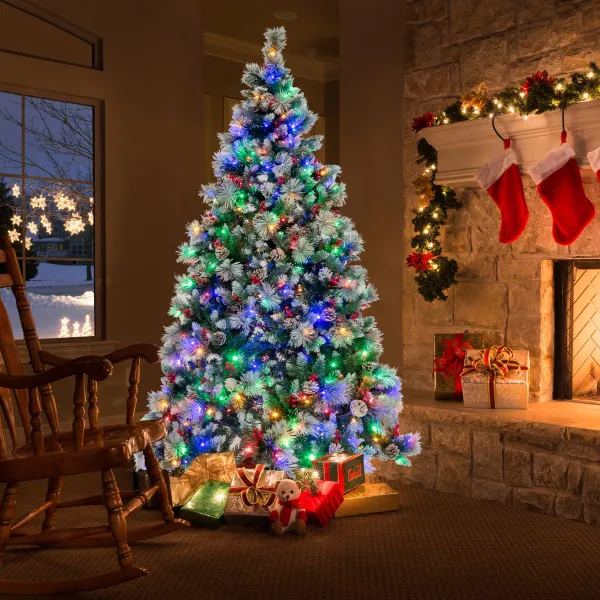 Árvore de Natal Pré-iluminada 185-215cm com Luzes LED, Pinhões e Bagas Vermelhas
