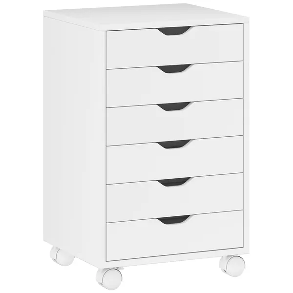Bloco de Gavetas Móvel Arquivador com 6 Gavetas Suporte para Impressora com Rodas Guias Deslizantes Silenciosas para Escritório Casa 40x35x63 cm Branco