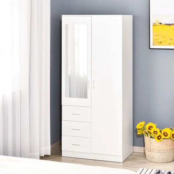Armário Roupeiro 2 Puertas con espejo 3 Gavetas Prateleiras Ajustables y Barra para Pendurar Incluida Roupeiro para Dormitorio 80x50x180cm Blanco