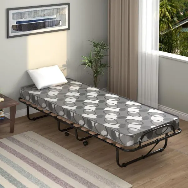 Lit Pliant Simple avec Matelas Mémoire Structure Métallique et 4 Roulettes 80 x 190 cm Gris